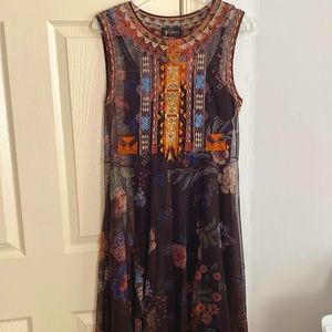 New embroidered dress by Johnny Was. Light in brown color with contrast design.